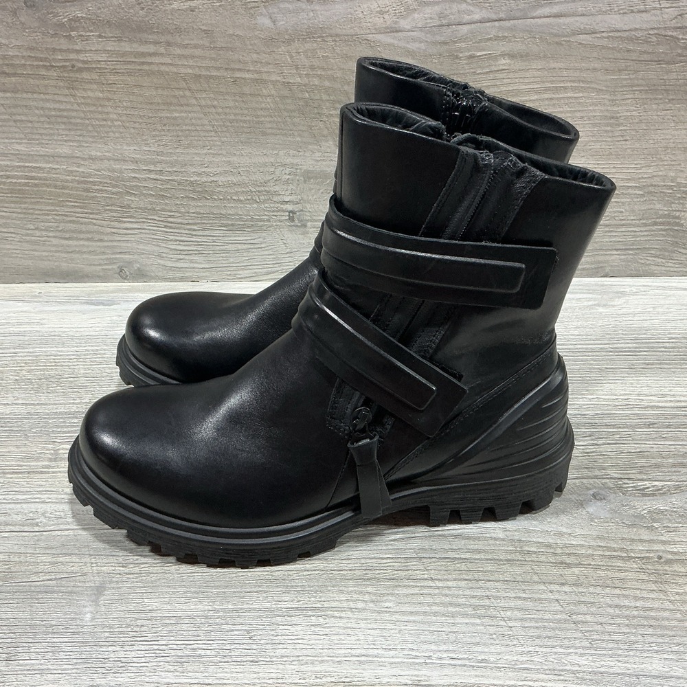 ECCO N7103 Women's Black Leather Tredtray Biker Moto Boot Size US 7-7.5 EU 38